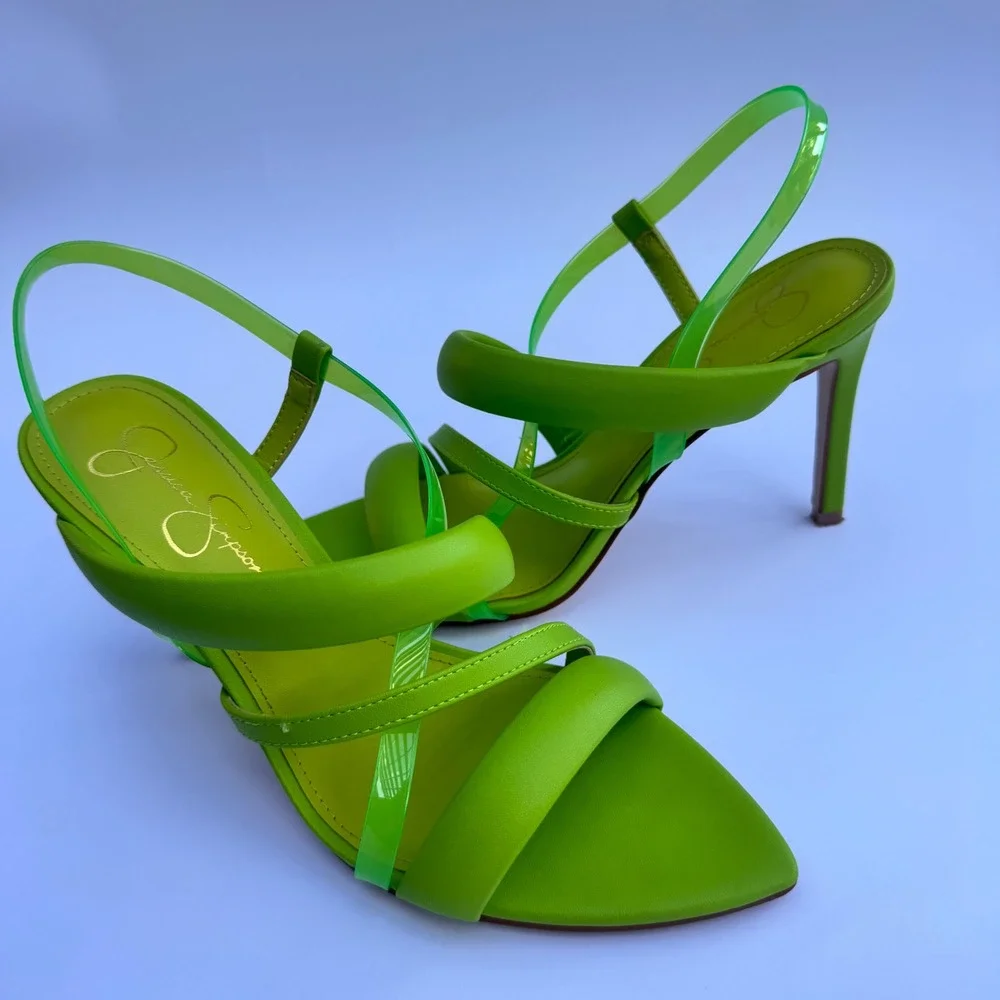 Jessica Simpson Krissta Green Transparent Asymmetrical Stiletto Slip On Size 8.5